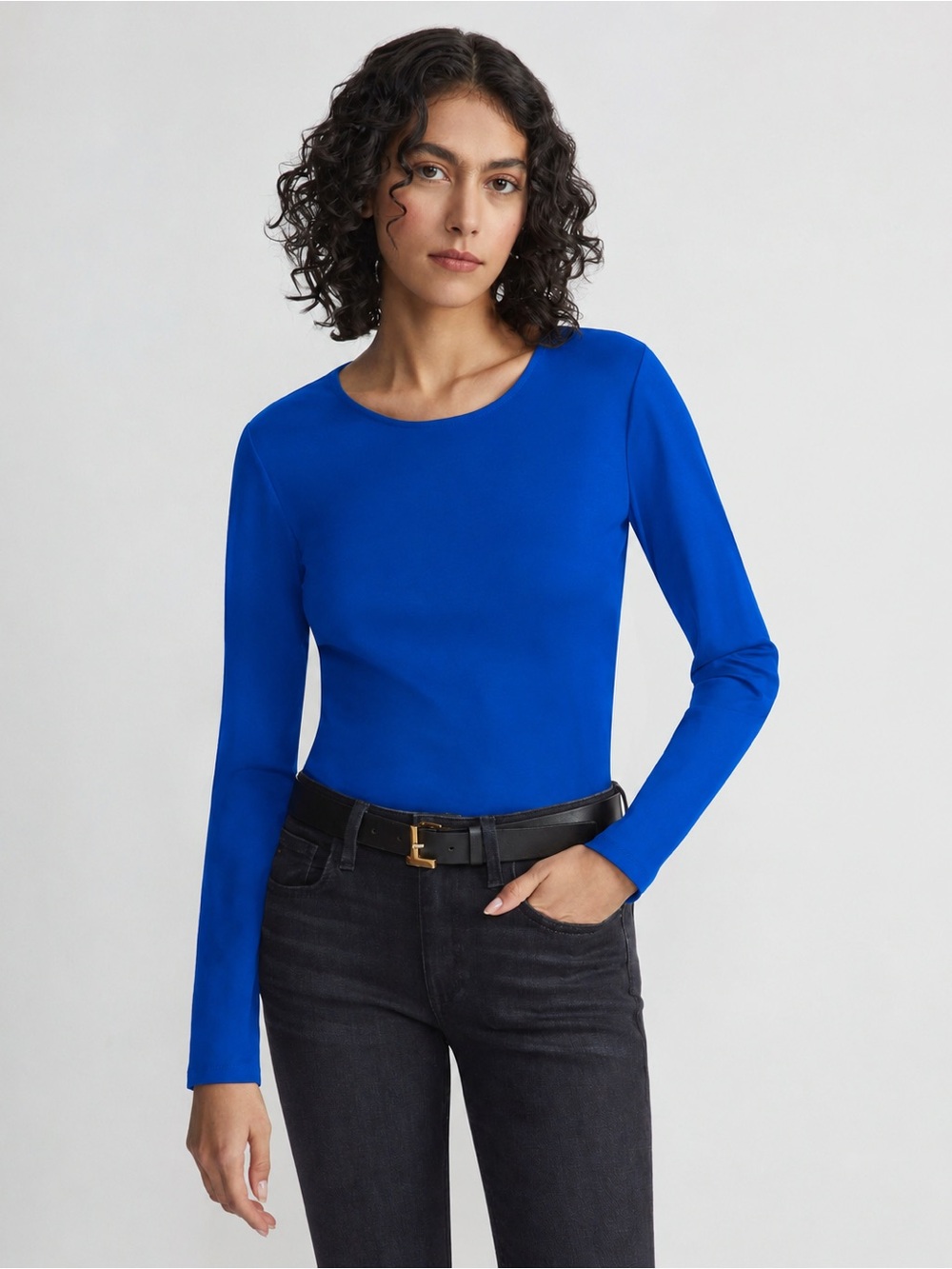 Lafayette 148 New York Cotton Stretch Scoop Neck Top Size M Cobalt Blue